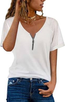 Teesho Damen Tshirt V Ausschnitt Kurzarm Casual Oberteile Elegant Streifen Mesh Bluse Baumwolle Shirt Tops Tunika (weiß/S) von Teesho