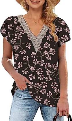Teesho Damen Tshirt V-Ausschnitt Lace Elegant Oberteile Kurzarm Rüschenärmeln T-Shirt Sommer Casual Baumwolle Shirts(BlumeC/M) von Teesho