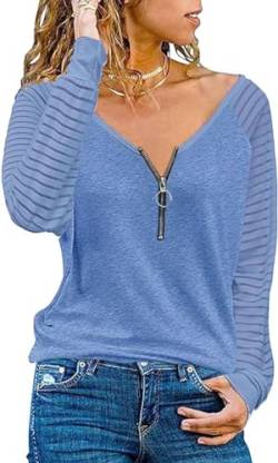 Teesho Damen Tshirt V Ausschnitt Langarmshirt Casual Oberteile Elegant Streifen Mesh Bluse Baumwolle Shirt Tops Tunika (Blau/XL) von Teesho