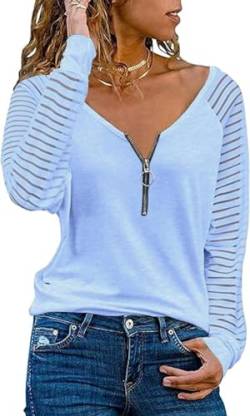 Teesho Damen Tshirt V Ausschnitt Langarmshirt Casual Oberteile Elegant Streifen Mesh Bluse Baumwolle Shirt Tops Tunika (Hellblau/L) von Teesho