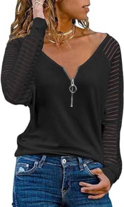 Teesho Damen Tshirt V Ausschnitt Langarmshirt Casual Oberteile Elegant Streifen Mesh Bluse Baumwolle Shirt Tops Tunika (Schwarz/XXL) von Teesho