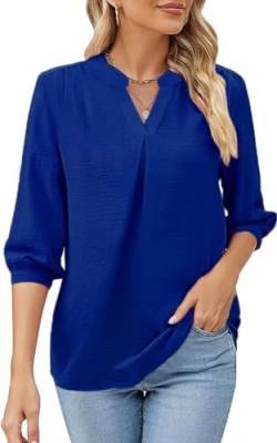 Teesho Damenblusen 3/4 Arm Elegant Oversize Hemdbluse V-Ausschnitt Tunika Shirt Oberteil Locker Longshirt Tops (Blau/XL) von Teesho
