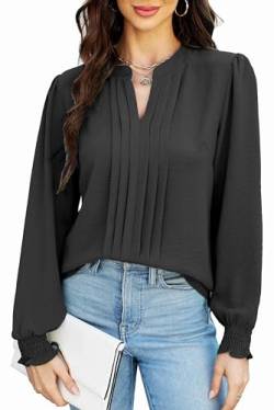 Teesho Damenblusen Elegant V-Ausschnitt Casual Langarm Oberteile Plissee vorne Arbeit Shirts Tunika Hemd Tops (Schwarz/S) von Teesho