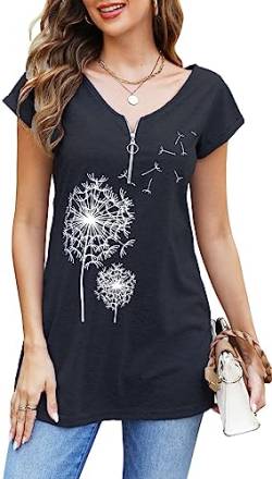 Teesho T-Shirt Damen Lang Bedrucken Kurzarm Oberteile Motiv Tunika Shirt Pusteblume Drucken Lose V-Ausschnitt Tshirt Mit Reißverschluss Bluse Top von Teesho