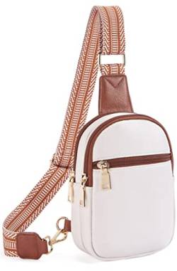 Telena Bauchtasche Damen Brusttasche, Crossbody Bag Kunstleder Umhängetasche Klein Schultertasche für Frauen Sling Bag,Beige mit Braun von Telena