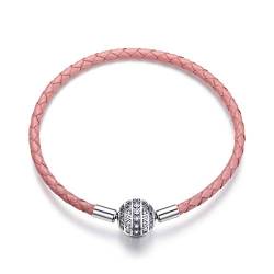 Teleye Leder Rosa Charm Armband 925 Sterling Silber Armband mit Mädchen Herz Runde Verschluss Charm Passend für Pandora Charm Schmuck Mädchen Frauen Geschenke (17cm/6.7in) von Teleye