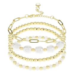 Telooco 4 Stück Perlen Armband Damen Set Gold Weiß Exquisites Vergoldetes Armbänder Kette Büroklammer Perlenarmband Kristall Armkette Modeschmuck Bracelet für Frauen Mädchen (16–18 cm) von Telooco