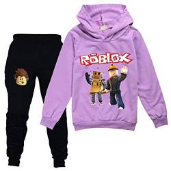 Roblox Game Sweatshirt Jungen Hoodies Mädchen Kinder Outfits Cartoon Charaktere Pullover Baumwolle Hose Kleidung 2 Stück Sets, Lila 1, 146 von Temolie
