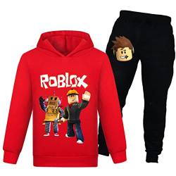 Roblox Game Sweatshirt Jungen Hoodies Mädchen Kinder Outfits Cartoon Charaktere Pullover Baumwolle Hose Kleidung 2 Stück Sets, Rot 1, 12-13 Jahre von Temolie