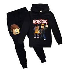 Roblox Game Sweatshirt Jungen Hoodies Mädchen Kinder Outfits Cartoon Charaktere Pullover Baumwolle Hose Kleidung 2 Stück Sets, schwarz 1, 146 von Temolie