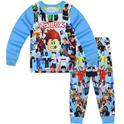 Temolie Roblox Schlafanzug für Jungen, kurzärmelig, T-Shirt, Hose, Nachtwäsche, Mädchen, 3D-Gaming-Charakter, Nachtwäsche, Kinder-Pyjama, 2 Stück, Blau 2, 7-8 Jahre von Temolie