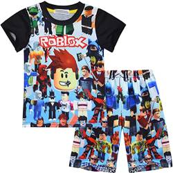 Temolie Roblox Schlafanzug für Jungen, kurzärmelig, T-Shirt, Hose, Nachtwäsche, Mädchen, 3D-Gaming-Charakter, Nachtwäsche, Kinder-Pyjama, 2 Stück, Schwarz , 7-8 Jahre von Temolie