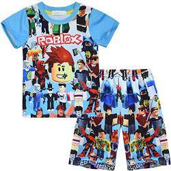 Temolie Roblox Schlafanzug für Jungen, kurzärmelig, T-Shirt, Hose, Nachtwäsche, Mädchen, 3D-Gaming-Charakter, Nachtwäsche, Kinder-Pyjama, 2 Stück, blau, 110 von Temolie