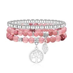 Armband Damen Perlen Lebensbaum : 3pcs Armbänder Frauen mit Baum des Lebens Anhänger Rosa Naturstein Armreif Schmuck Geschenke für Mama, Freund, Tocher, Schwester Weihnachten, Erntedank, Geburtstag von TempBeau