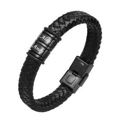 TempBeau Armbänder Herren Personalisierte Geschenke : Papa Lederarmband Schwarz Silber Leder Armkette Länge Einstellbar Opa Armband Schwarz Silber für Männer Daddy Freund Modeschmuck Vatertag (2Name) von TempBeau