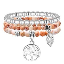 TempBeau Armband Damen Perlen Lebensbaum Rosa : 3pcs Armbänder Frauen mit Baum des Lebens Anhänger Lila Naturstein Armreif Schmuck Geschenke für Mama, Freund, Tocher, Schwester Weihnachten, Erntedank von TempBeau