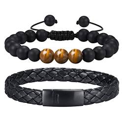 TempBeau Armband Herren Leder Schwarz : 2Pcs Lederarmband Set 19cm Perlen Echtes Leder Geflochten Mode-schmuck Armbänder für Männer Papa Tolle Geschenkidee von TempBeau