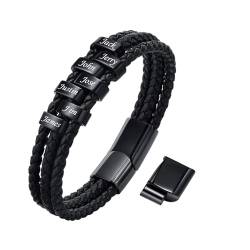 TempBeau Armband Herren Personalisierte Geschenke : Papa Lederarmband Schwarz Silber Leder Armkette Länge Einstellbar Opa Armbänder Schwarz Silber für Männer Daddy Freund Modeschmuck Vatertag (7Name) von TempBeau