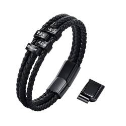 TempBeau Armband Herren Personalisierte Geschenke : Papa Lederarmband Schwarz Silber Leder Armkette Länge Einstellbar Opa Armbänder Schwarz Silber für Männer Daddy Freund Modeschmuck Vatertag (4Name) von TempBeau