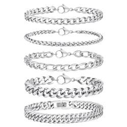 TempBeau Armband Herren Silber Armreif : 5Pcs Armbänder für Männer Edelstahl 21cm Armreif Panzerkette Hip Hop Rapper Glieder Link Armkette Modeschmuck fur papa freund Schmuck Geschenk von TempBeau