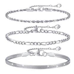 TempBeau Damen Armbänder Set Silber : 3Pcs Ketten Armband zierlich Vergoldet Armkettes Twist Figaro Kettenarmbänder Verstellbar Modeschmuck Silver für Damen Mädchen von TempBeau