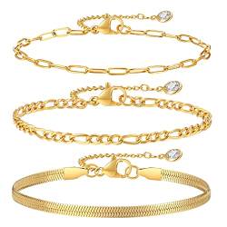TempBeau Damen Armband Set Gold : 3Pcs Ketten Armbänder zierlich Vergoldet Armkettes Twist Figaro Kettenarmbänder Verstellbar Modeschmuck Gold für Damen Mädchen von TempBeau