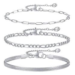 TempBeau Damen Armband Set Silber : 3Pcs Ketten Armbänder zierlich Vergoldet Armkettes Twist Figaro Kettenarmbänder Verstellbar Modeschmuck Silver für Damen Mädchen von TempBeau