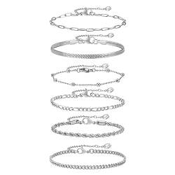 TempBeau Damen Armband Silber Set : 6Pcs Ketten Armbänder für Frauen Glitzer Armkette Twist Figaro Kettenarmbänder Verstellbar Modeschmuck Silver Schmuck Geschenk für Mädchen Mama Tochter Freund von TempBeau