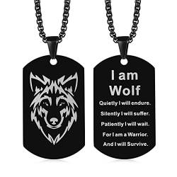 TempBeau Halskette Herren Wolf Hundemarke Schwarz Edelstahl Dog Tag Anhänger für Männer mit 60cm Kette Militär Stil Herren Schmuck von TempBeau