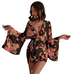 Damen Sexy Kimono Dessous Set Bedruckter Träger Girdle Anime Geisha Nachthemd Yukata, Schwarz, Einheitsgröße von Temptshow