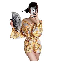 Temptshow Damen Sexy Kimono Dessous Set Bedruckte Riemen Girdle Anime Geisha Nachthemd Yukata, Gelb, EinheitsgröÃŸe von Temptshow