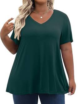 Tencede Damen Übergröße V-Ausschnitt Tunika Tops Sommer Casual T-Shirt Dunkelgrün 4XL von Tencede