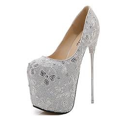 Plus Size High Heels Damen 19 cm/7,48 In High Heel Plateau Stiefeletten Stiletto Pumps Damen Peep Heels Sexy Pole Dance Striptease Schuhe FüR FrüHling Und Herbst,Silber,41 EU von Tent