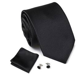 Teogneot 3-SET moderne Breite 8cm Herrenkrawatte, Manschettenknöpfe und Einstecktuch,Krawattenset,schwarz von Teogneot