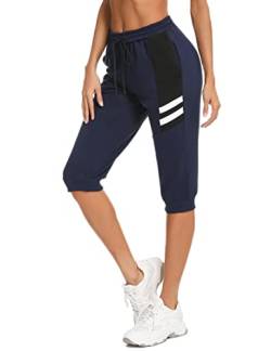 Terecey Jogginghose Damen 3/4 Baumwolle Sommer Kurze Sport Hosen Trainingshose Knielange mit Taschen Caprihose Dreiviertel Freizeithose Sweathose für Jogger Frauen von Terecey