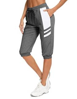 Terecey Jogginghose Damen Baumwolle Sporthose 3/4 Trainingshose Damen Caprihose Sommer Laufhose mit Taschen Freizeithose Sweathose für Jogger Frauen von Terecey