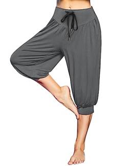 Terecey Sporthose Damen 3/4 Modal Jogginghose Frauen Kurz Caprihose Damen Sommer High Waist Yogahose mit Taschen und Verstellbarem Kordelzug für Yoga Pilates Grau XL von Terecey