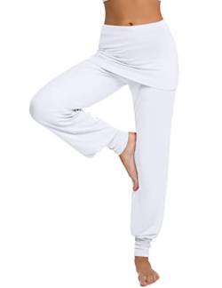 Terecey Yogahose Damen Lang mit Rock Freizeithose Baumwolle Jogginghose Hohe Taille Pumphose Haremhose für Yoga Pilates Tanzen Joggen Weiß L von Terecey