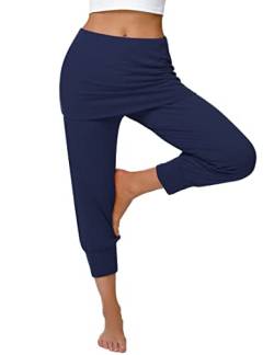 Terecey Yogahose Damen mit Rock 3/4 Caprihose Elegant Freizeithose Baumwolle Jogginghose Hohe Taille Lockere Hosen Pumphose Haremshose für Yoga Pilates Tanzen Joggen Navy Blau M von Terecey