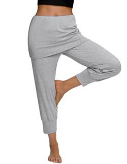 Terecey Yogahose Damen mit Rock 3/4 Caprihose Elegant Freizeithose Baumwolle Jogginghose Hohe Taille Pumphose Haremhose für Yoga Pilates Tanzen Joggen Grau S von Terecey