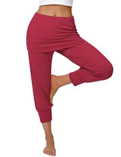 Terecey Yogahose Damen mit Rock 3/4 Caprihose Elegant Freizeithose Baumwolle Jogginghose Hohe Taille Pumphose Haremhose für Yoga Pilates Tanzen Joggen Weinrot S von Terecey