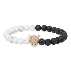 Stein-Armband – Leopardenkopf-Charm-Armband für Männer, natürliches Lava-Kartenstein-Armband, 6 mm runde Perlen, Stretch-Armreif, Schmuck, Geschenk, weißer Howlith, Einheitsgröße von Tesselite