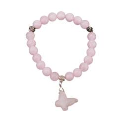 Tesselite Edelstein-Armband – 8 mm Naturstein-Armband, Schmetterlings-Charm, Rosenblüten-Rosa-Quarz-Kristall-Armreif, Schmuck für Frauen und Mädchen, Rosenquarz, Einheitsgröße von Tesselite