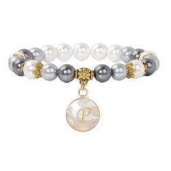 Tesselite Stein-Armband – Muschel-Perlen-Armband, 26 Anfangsbuchstaben, hängendes Armband, eleganter klassischer Damen-Schmuck, Geschenk, schwarzer weißer Perlen-Stretch-Armreif, P, Einheitsgröße von Tesselite