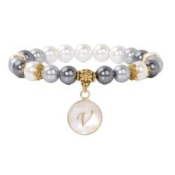 Tesselite Stein-Armband – Muschel-Perlen-Armband, 26 Anfangsbuchstaben, hängendes Armband, eleganter klassischer Damen-Schmuck, Geschenk, schwarzer weißer Perlen-Stretch-Armreif, v, Einheitsgröße von Tesselite