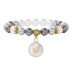 Tesselite Stein-Armband – Muschel-Perlen-Armband, 26 Anfangsbuchstaben, hängendes Armband, eleganter klassischer Damenschmuck, Geschenk, schwarzer weißer Perlen-Stretch-Armreif, w, Einheitsgröße von Tesselite