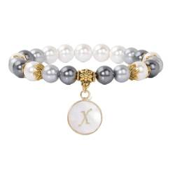 Tesselite Stein-Armband – Muschel-Perlen-Armband, 26 Anfangsbuchstaben, hängendes Armband, eleganter klassischer Damenschmuck, Geschenk, schwarzer weißer Perlen-Stretch-Armreif, x, Einheitsgröße von Tesselite