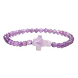 Tesselite Steinarmband – 4 mm rundes Amethyst-Stein-Perlenarmband, Kreuz-Charm-Armband, Damen-Yoga-Schmuck, Geschenk für jeden Anlass, Amethyst, Einheitsgröße von Tesselite