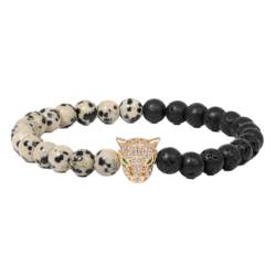 Tesselite Steinarmband – Leopardenkopf-Charm-Armband für Männer, natürliches Lava-Kartenstein-Armband, 6 mm runde Perlen, Stretch-Armreif, Schmuck, Geschenk, Dalmatiner, Einheitsgröße von Tesselite
