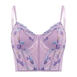 Testudineus Damen Chic Floral Besticktes Korsett Top Spaghetti Strap Sheer Mesh Push Up Bustier Bralette, Helles Violett, Small von Testudineus